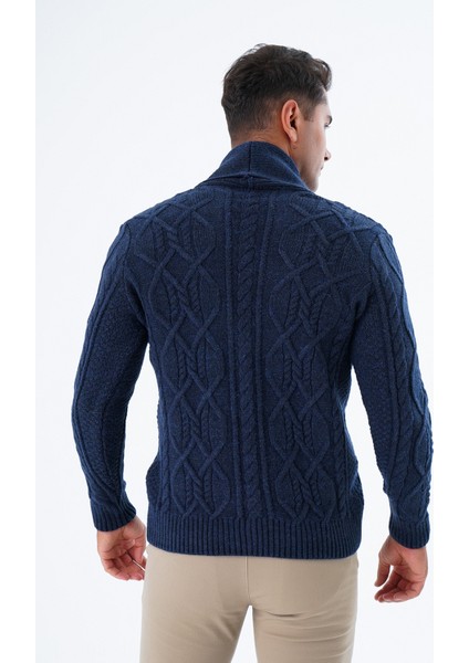 Erkek Lacivert Şal Yaka Yürütme Saç Örgülü Düğmeli Yün Triko Örme Hırka TRIST-5341 modelleri