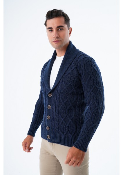 Erkek Lacivert Şal Yaka Yürütme Saç Örgülü Düğmeli Yün Triko Örme Hırka TRIST-5341 fırsatları