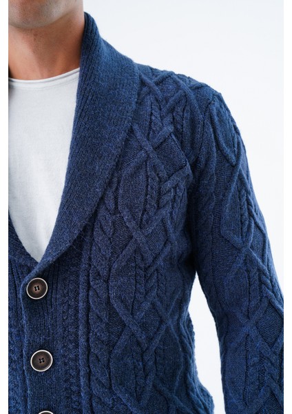 Erkek Lacivert Şal Yaka Yürütme Saç Örgülü Düğmeli Yün Triko Örme Hırka TRIST-5341 indirimleri