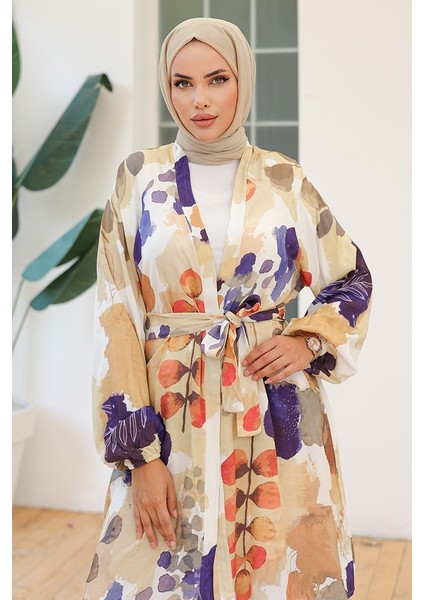 Yaprak Desen Kimono Pantolon Ikili Takım 1112 - Mor