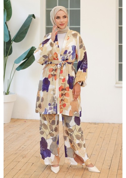 Yaprak Desen Kimono Pantolon Ikili Takım 1112 - Mor