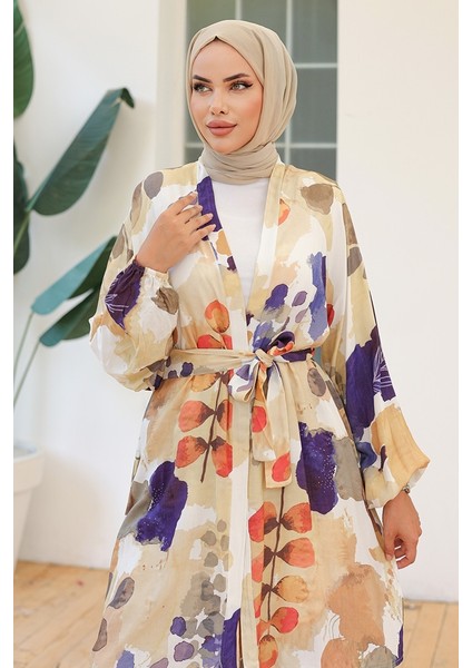 Yaprak Desen Kimono Pantolon Ikili Takım 1112 - Mor