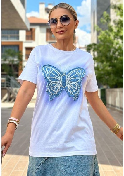 Kokoşum Butik 4764 Mavi Kelebek T-Shirt Beyaz