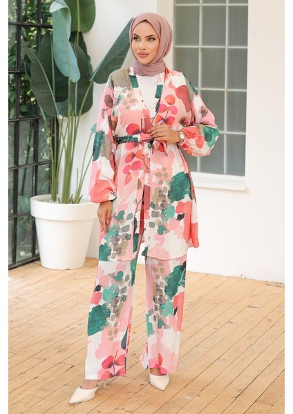 Yaprak Desen Kimono Pantolon Ikili Takım 1112 - Pembe