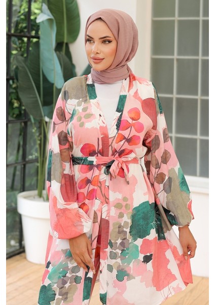 Yaprak Desen Kimono Pantolon Ikili Takım 1112 - Pembe