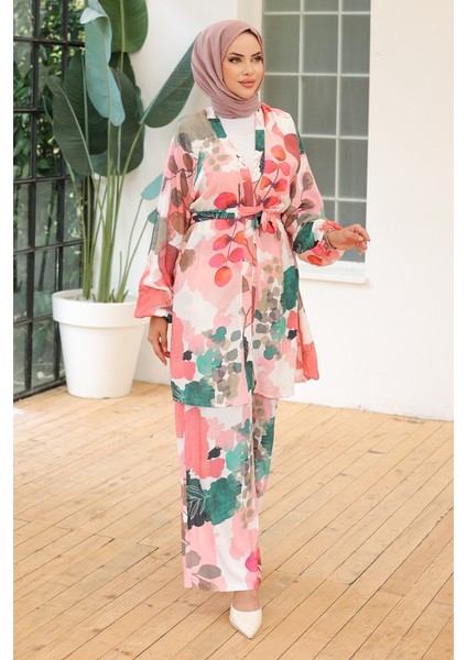 Yaprak Desen Kimono Pantolon Ikili Takım 1112 - Pembe