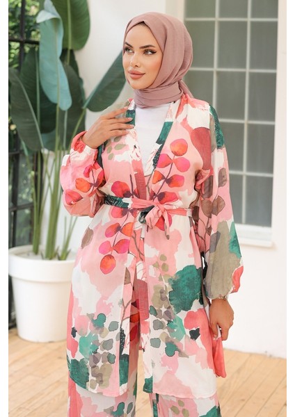 Yaprak Desen Kimono Pantolon Ikili Takım 1112 - Pembe