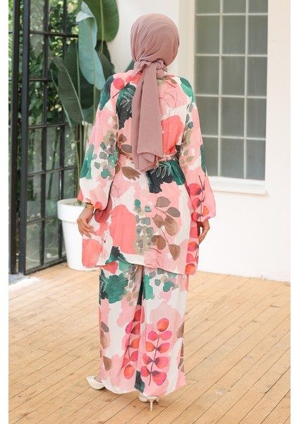 Yaprak Desen Kimono Pantolon Ikili Takım 1112 - Pembe