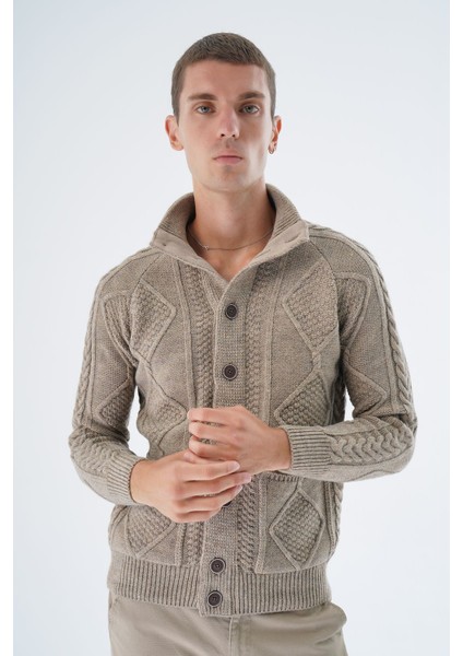 Erkek Vizon Dik Yaka Düğmeli Yürütmeli Saç Örgülü Cepli Yün Triko Örme Hırka TRIST-5326