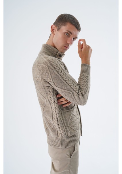 Erkek Vizon Dik Yaka Düğmeli Yürütmeli Saç Örgülü Cepli Yün Triko Örme Hırka TRIST-5326 fiyatları