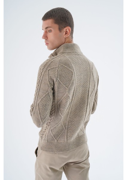Erkek Vizon Dik Yaka Düğmeli Yürütmeli Saç Örgülü Cepli Yün Triko Örme Hırka TRIST-5326 fırsatları