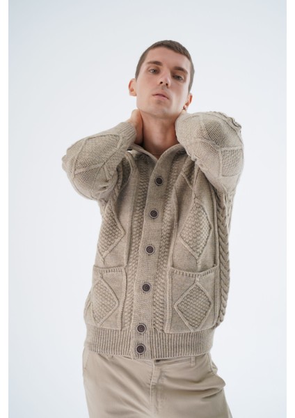 Erkek Vizon Dik Yaka Düğmeli Yürütmeli Saç Örgülü Cepli Yün Triko Örme Hırka TRIST-5326 indirimleri