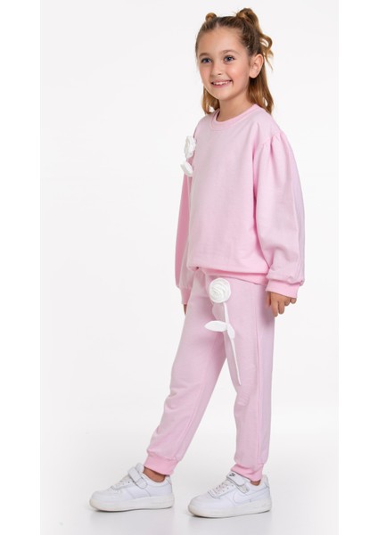 Gül Detaylı Paçası Lastikli Pudra Renk Kız Çocuk Eşofman Takımı