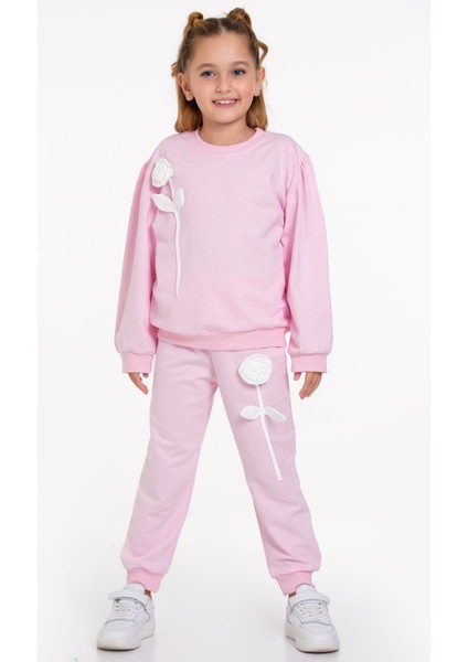 Gül Detaylı Paçası Lastikli Pudra Renk Kız Çocuk Eşofman Takımı fiyatları