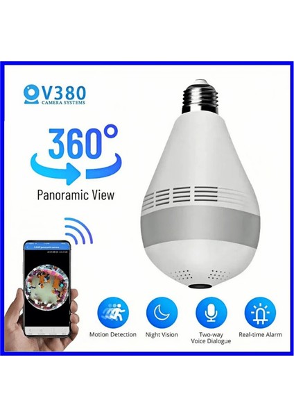 Panoramik 360° Ampul Kamera E27 Duy Girişli LED Wifi Ip Kamera V380 Pro