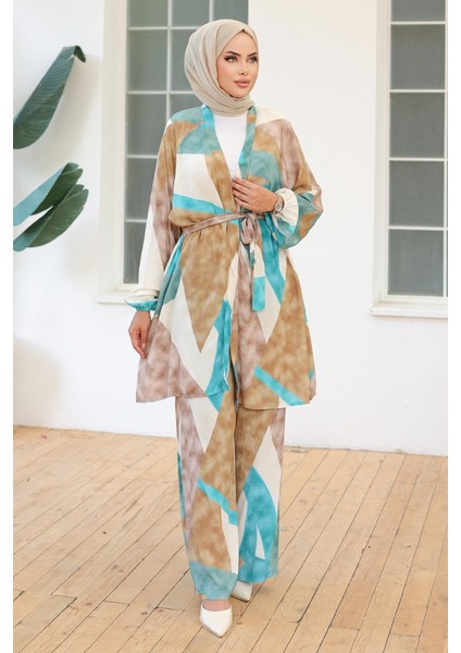 Karışık Renkli Kimono Pantolon Ikili Takım 1109 - Mint