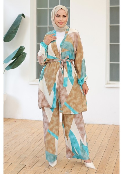 Karışık Renkli Kimono Pantolon Ikili Takım 1109 - Mint