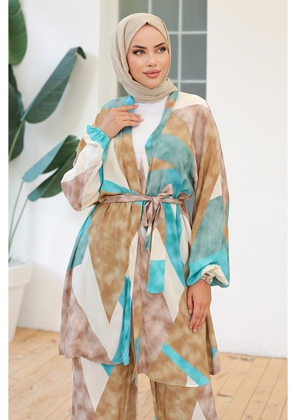 Karışık Renkli Kimono Pantolon Ikili Takım 1109 - Mint