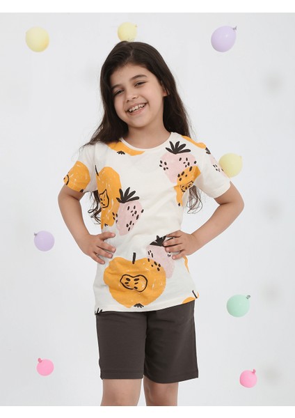 Kız Çocuk Desenli Şortlu Takım 2-7 Yaş Kahve