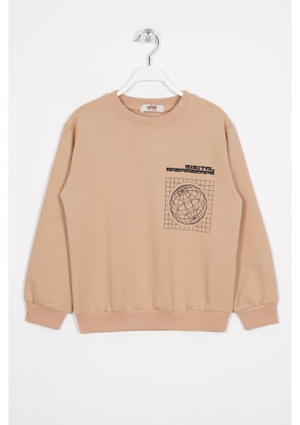 Ön Arka Dijital Baskı Detaylı Camel Renk Erkek Çocuk Sweatshirt