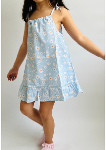 Kız Çocuk Poplin Ip Askılı Fırfırlı Elbise