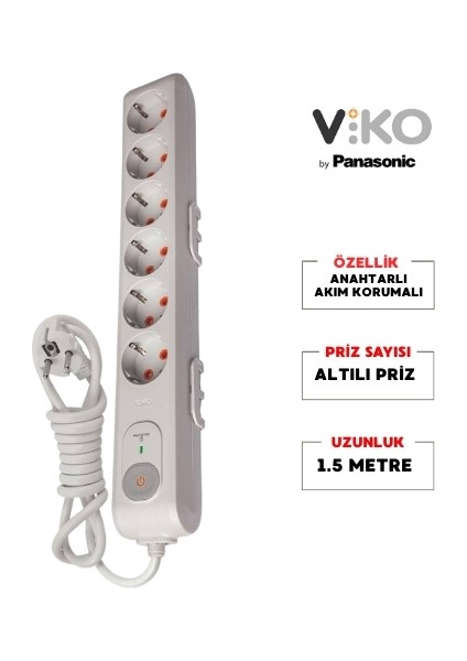 | Altılı Grup Priz, Akım Korumalı Topraklı - Çocuk Korumalı Çoğaltıcı Priz [Altılı, 1.5 Metre, Beyaz]