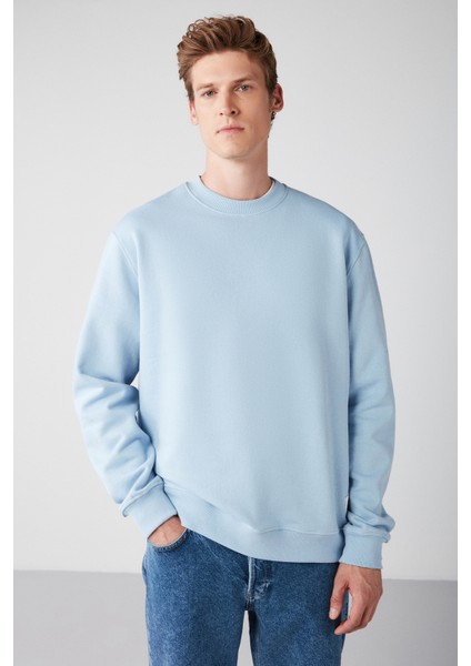 Travis Erkek Yumuşacık Kumaşlı Regular Fit Yuvarlak yakalı açık Mavi Sweatshirt