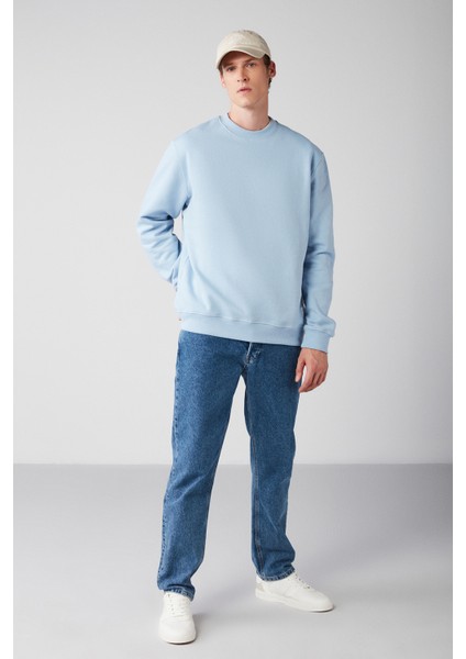 Travis Erkek Yumuşacık Kumaşlı Regular Fit Yuvarlak yakalı açık Mavi Sweatshirt fiyatları