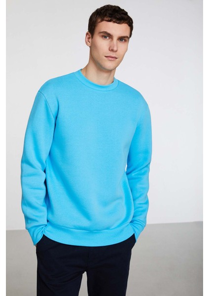 Travis Erkek Yumuşacık Kumaşlı Regular Fit Yuvarlak yakalı Turkuaz Sweatshirt