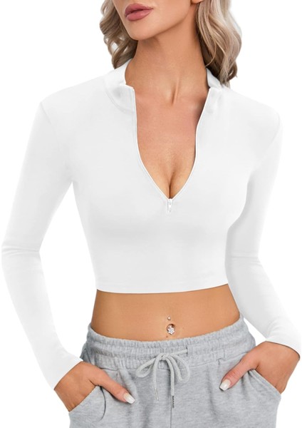 Beyaz Yarım Fermuarlı Crop Tamkalıp Fitilli Kaşkorse Spor Body
