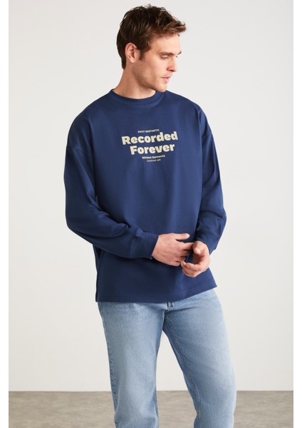 MARTIN Erkek %100 Pamuk Önü Baskılı Uzun Kollu Lacivert T-Shirt