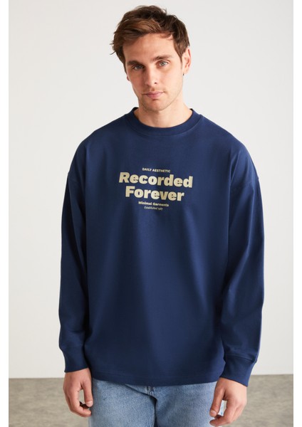 MARTIN Erkek %100 Pamuk Önü Baskılı Uzun Kollu Lacivert T-Shirt