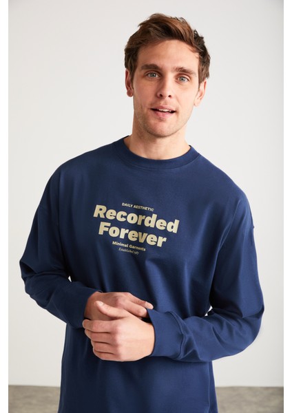 MARTIN Erkek %100 Pamuk Önü Baskılı Uzun Kollu Lacivert T-Shirt