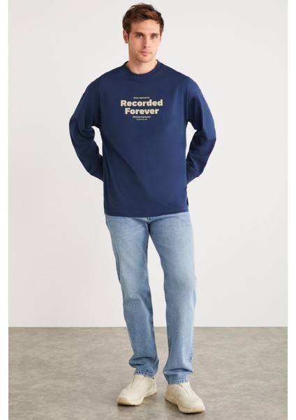 MARTIN Erkek %100 Pamuk Önü Baskılı Uzun Kollu Lacivert T-Shirt