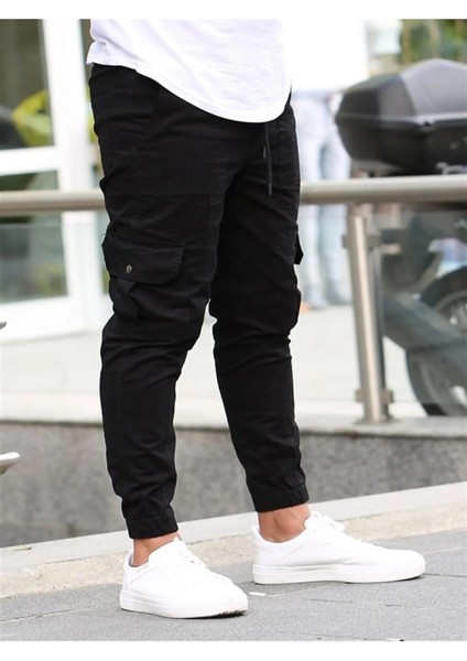 Likralı Beli ve Paçası Lastikli Haki Kargo Pantolon