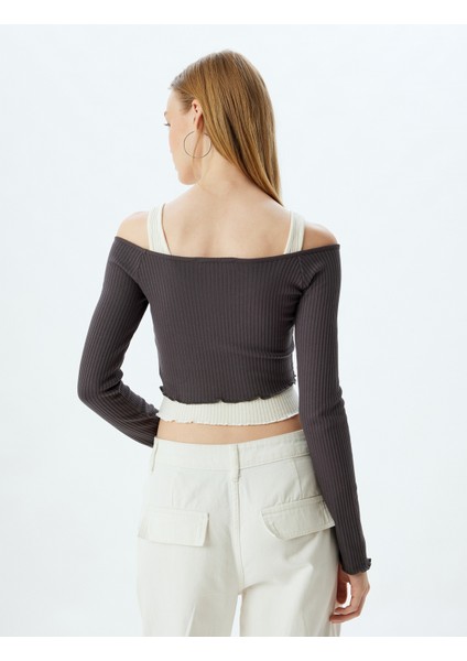 Uzun Kollu Tişört Crop Bloklu Kalın Askılı Kayık Yaka fırsatları