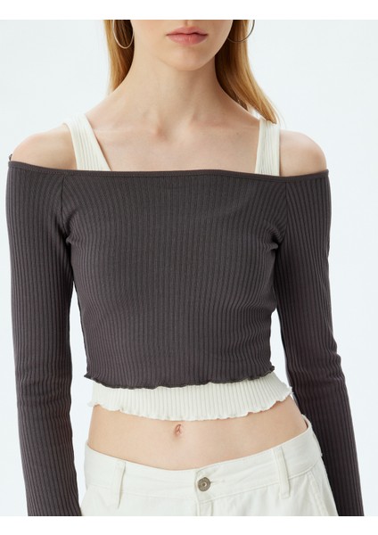 Uzun Kollu Tişört Crop Bloklu Kalın Askılı Kayık Yaka indirimleri