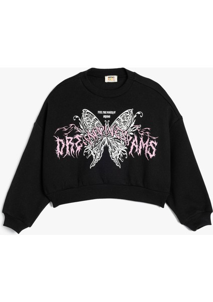 Crop Sweatshirt Kelebek Baskılı Uzun Kollu Bisiklet Yaka