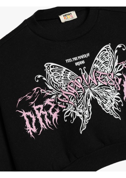 Crop Sweatshirt Kelebek Baskılı Uzun Kollu Bisiklet Yaka modelleri