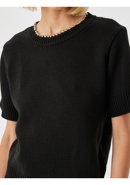 Kısa Kollu Triko Kazak Taşlı Yuvarlak Yaka indirimleri