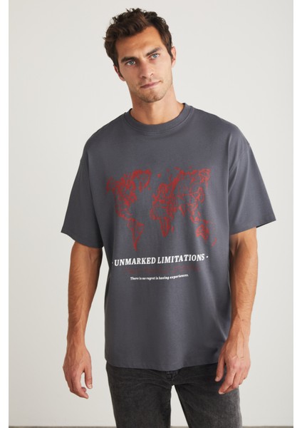 Leaf Erkek Bisiklet Yaka Pamuk Baskılı Gri T-Shirt modelleri