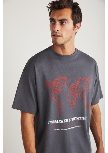 Leaf Erkek Bisiklet Yaka Pamuk Baskılı Gri T-Shirt fırsatları