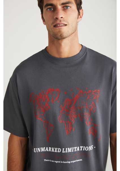 Leaf Erkek Bisiklet Yaka Pamuk Baskılı Gri T-Shirt indirimleri