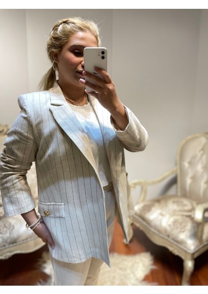 Gokilibutik Astarlı Kadın Lüx Kalite Taş Rengi Çizgili Blazer Ceket
