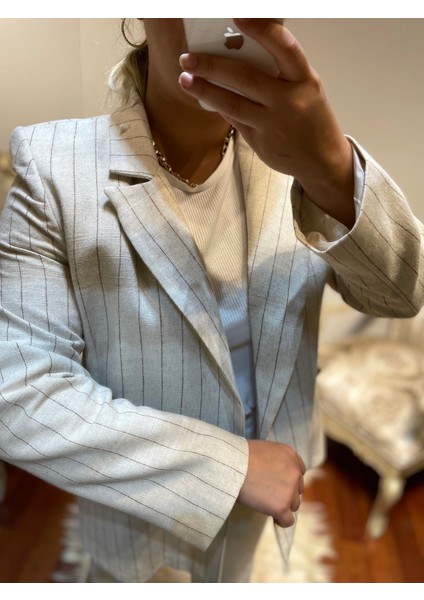 Gokilibutik Astarlı Kadın Lüx Kalite Taş Rengi Çizgili Blazer Ceket fiyatları