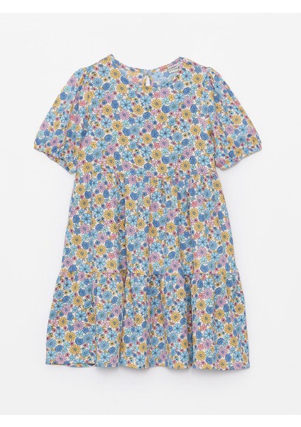 Pembe Baskılı Bisiklet Yaka Çiçekli Kız Çocuk Elbise