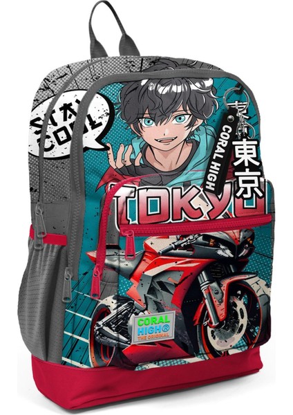 Kids Gri Nefti Anime Motorsiklet Desenli Okul Sırt Çantası T23759