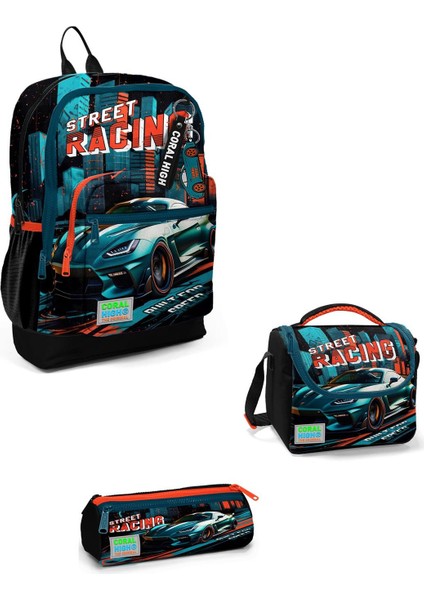 Kids Siyah Nefti Yarış Arabası Desenli 3’lü Okul Çanta Seti 3SET23765