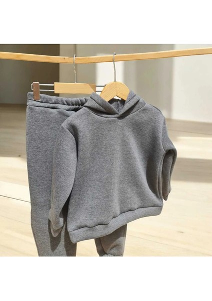 Çocuk Alt Üst Eşofman Kapüşonlu Kalın Kumaş Ikili Takım - Üç Iplik Şardonlu
