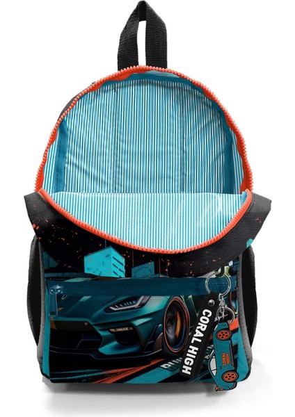 Minik Yuva Sırt Çantası Siyah Nefti Yarış Arabası Desenli Iki Bölmeli 3'lü Set 3SET23565